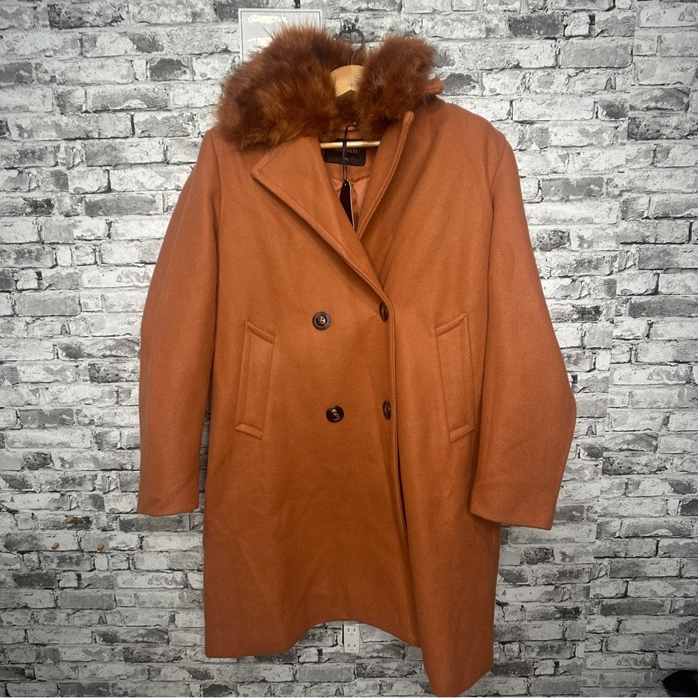 EUC XULIKU Women's Brown Double-Breasted Trench Coat Faux Fur Collar Size XXL - Picture 2 of 16